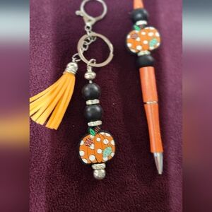 Orange and Black Beaded Keychain and Pen Set